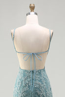 Laden Sie das Bild in den Galerie-Viewer, Graugrünes Meerjungfrauen Perlen Rückenfreies Applikationen Langes Ballkleid mit Schlitz