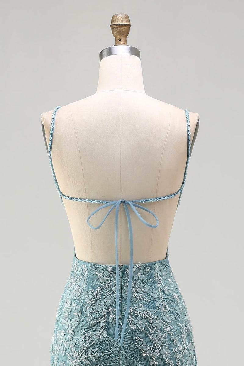 Laden Sie das Bild in den Galerie-Viewer, Graugrünes Meerjungfrauen Perlen Rückenfreies Applikationen Langes Ballkleid mit Schlitz