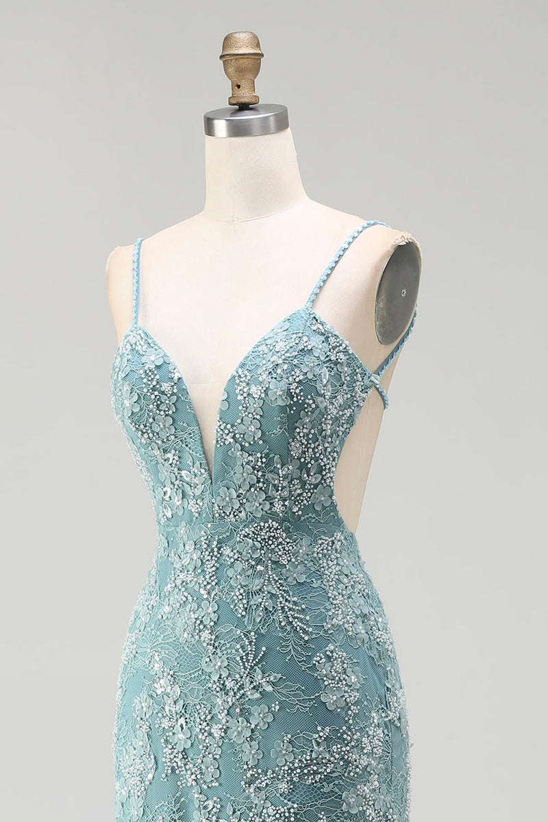 Laden Sie das Bild in den Galerie-Viewer, Graugrünes Meerjungfrauen Perlen Rückenfreies Applikationen Langes Ballkleid mit Schlitz