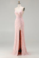 Laden Sie das Bild in den Galerie-Viewer, Graugrünes Meerjungfrauen Perlen Rückenfreies Applikationen Langes Ballkleid mit Schlitz