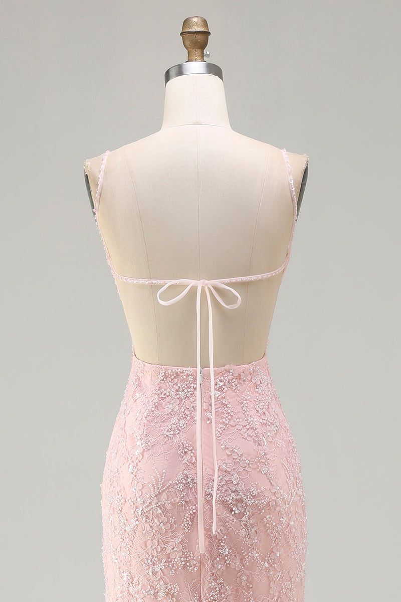 Laden Sie das Bild in den Galerie-Viewer, Graugrünes Meerjungfrauen Perlen Rückenfreies Applikationen Langes Ballkleid mit Schlitz