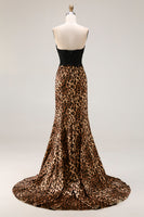 Laden Sie das Bild in den Galerie-Viewer, Brauner Leoparden Meerjungfrau Herzausschnitt Spitzenapplikation Langes Ballkleid mit Schleife