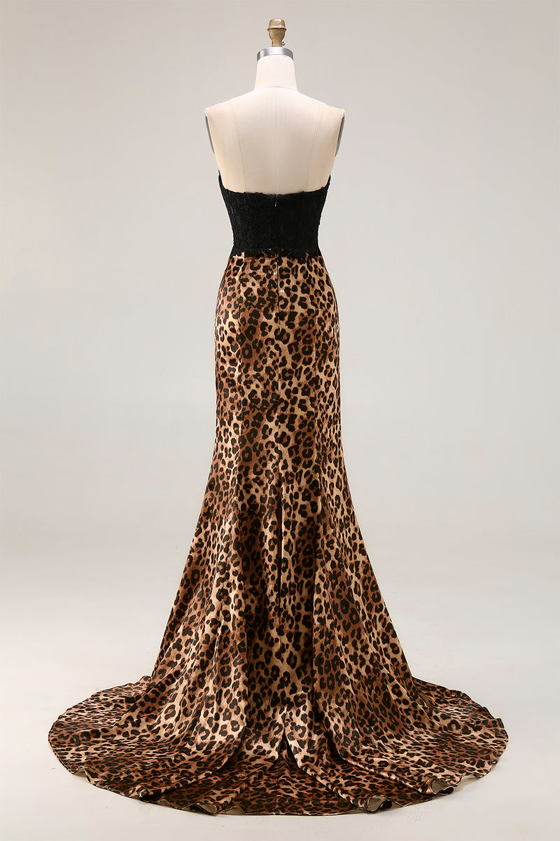Laden Sie das Bild in den Galerie-Viewer, Brauner Leoparden Meerjungfrau Herzausschnitt Spitzenapplikation Langes Ballkleid mit Schleife