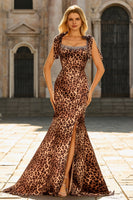 Laden Sie das Bild in den Galerie-Viewer, Meerjungfrauen Braunes Leoparden Riemen Schleifen Muster Langes Ballkleid mit Schlitz