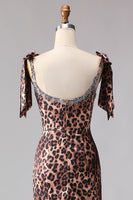 Laden Sie das Bild in den Galerie-Viewer, Braunes Leoparden Meerjungfrauen Schleifen Muster Riemen Langes Ballkleid mit Schlitz