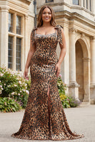 Laden Sie das Bild in den Galerie-Viewer, Braunes Leoparden Meerjungfrauen Schleifen Muster Riemen Langes Ballkleid mit Schlitz