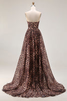 Laden Sie das Bild in den Galerie-Viewer, Trägerloses Braunes Leopard Korsett A-Linie Korsett Langes Ballkleid mit Schlitz