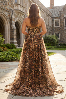 Braunes Leopard A-Line Trägerloses Korsett Langes Plus Size Ballkleid mit Schlitz