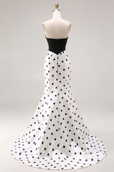 Schwarzes Weißes Meerjungfrauen Satin Langes Punkten Kleid mit Schleife