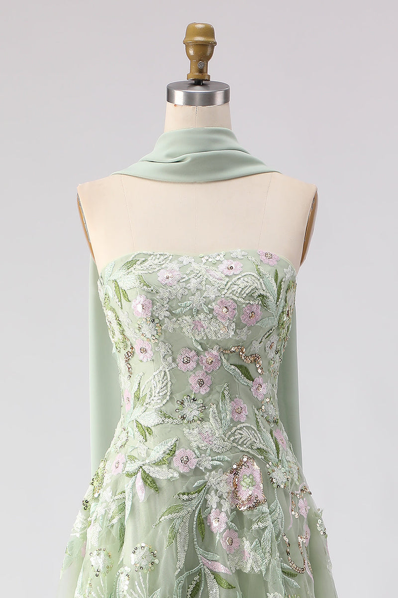 Laden Sie das Bild in den Galerie-Viewer, Trägerloses Staubiges Salbei Pailletten Besticktes Langes Ballkleid mit Schlitz