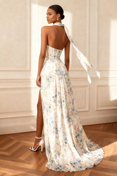 Trägerloses Weißes Bedrucktes Korsett Ballkleid mit Schlitz