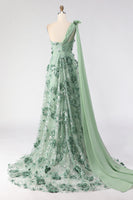 Laden Sie das Bild in den Galerie-Viewer, Eukalyptus Eine Schulter A-Linie Pailletten 3D-Blumen Langes Ballkleid mit Schlitz