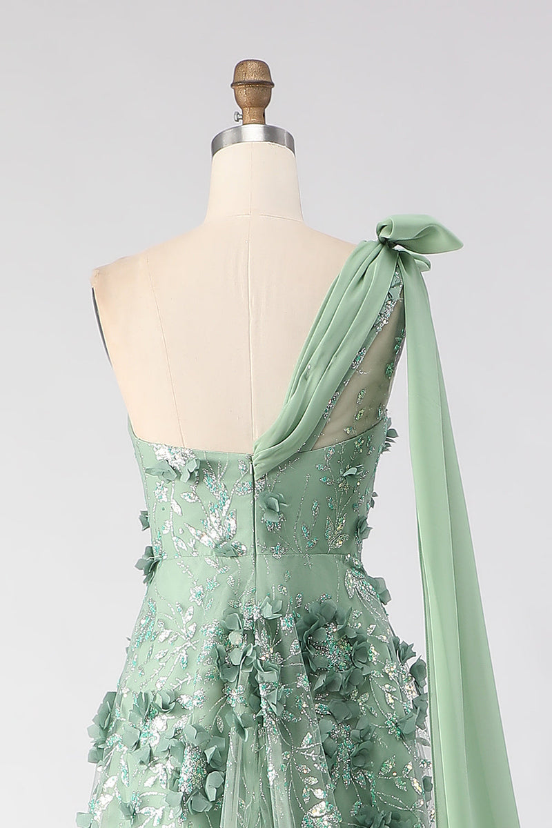 Laden Sie das Bild in den Galerie-Viewer, Eukalyptus Eine Schulter A-Linie Pailletten 3D-Blumen Langes Ballkleid mit Schlitz