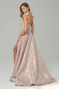 Rosa A-Linie Muster Korsett Langes Abschlussballkleid mit Schlitz