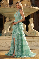 Laden Sie das Bild in den Galerie-Viewer, Salbeigrünes A-Linie Neckholder Strasssteinen Ausgeschnitten Gestuftes Rüschen Langes Ballkleid mit Schlitz