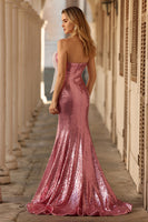 Laden Sie das Bild in den Galerie-Viewer, Glitzerndes Rosa Meerjungfrauen Trägerloses Langes Ballkleid mit Schleife