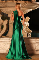 Laden Sie das Bild in den Galerie-Viewer, Dunkelgrünes Satin Einschulter Meerjungfrauen Perlen Langes Ballkleid mit Schlitz