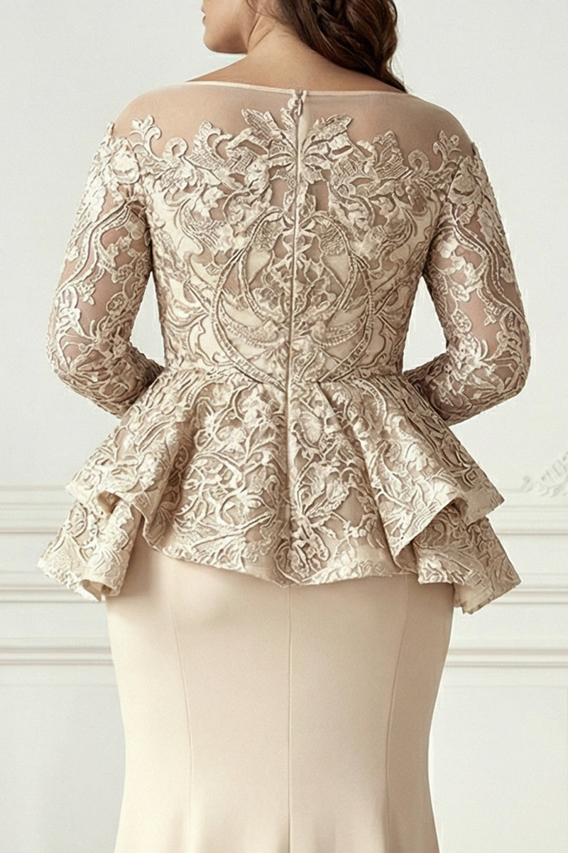 Laden Sie das Bild in den Galerie-Viewer, Champagner Meerjungfrau Langärmliges Plus-Size Mutter der Braut Kleid mit Rüschen