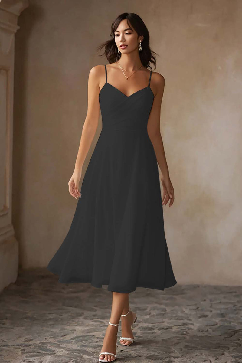 Laden Sie das Bild in den Galerie-Viewer, Weißes Midi Chiffon Standesamtkleid mit Spaghettiträgern in A-Linie