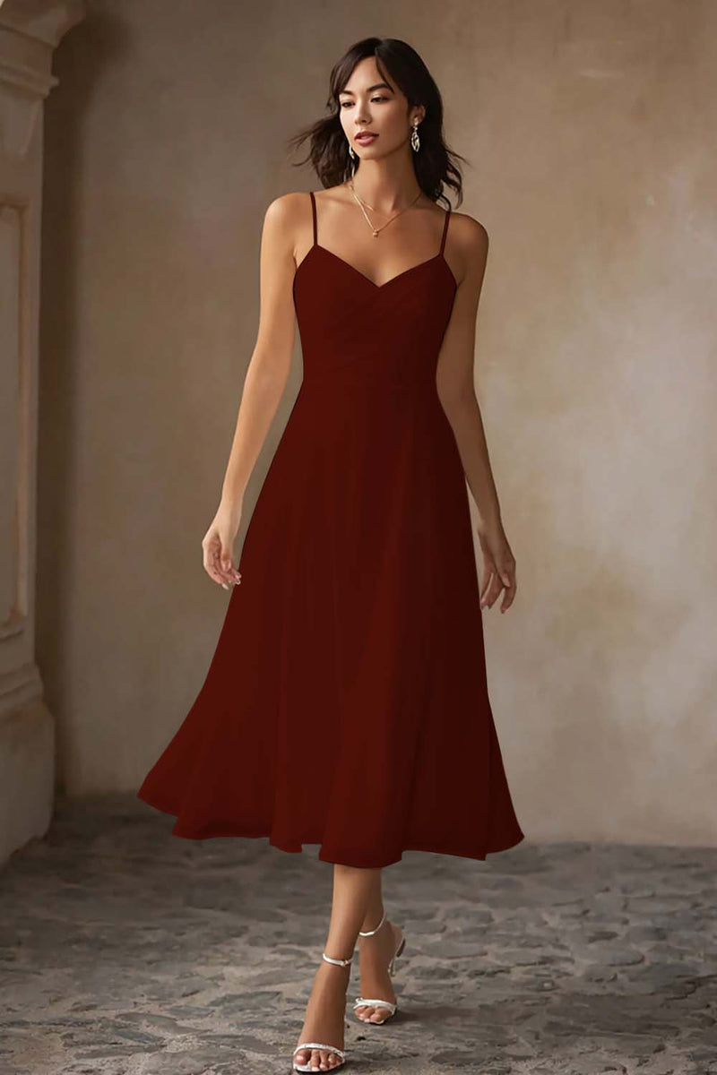 Laden Sie das Bild in den Galerie-Viewer, Weißes Midi Chiffon Standesamtkleid mit Spaghettiträgern in A-Linie