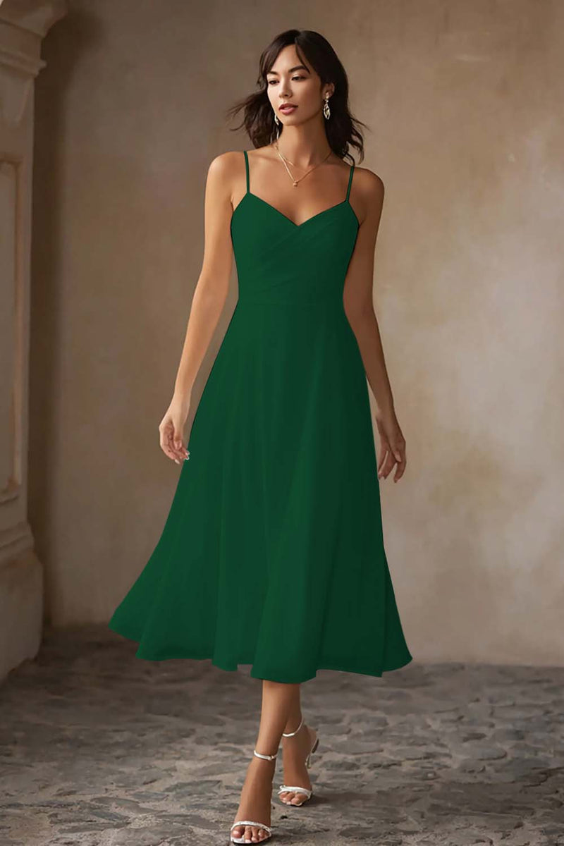 Laden Sie das Bild in den Galerie-Viewer, Weißes Midi Chiffon Standesamtkleid mit Spaghettiträgern in A-Linie