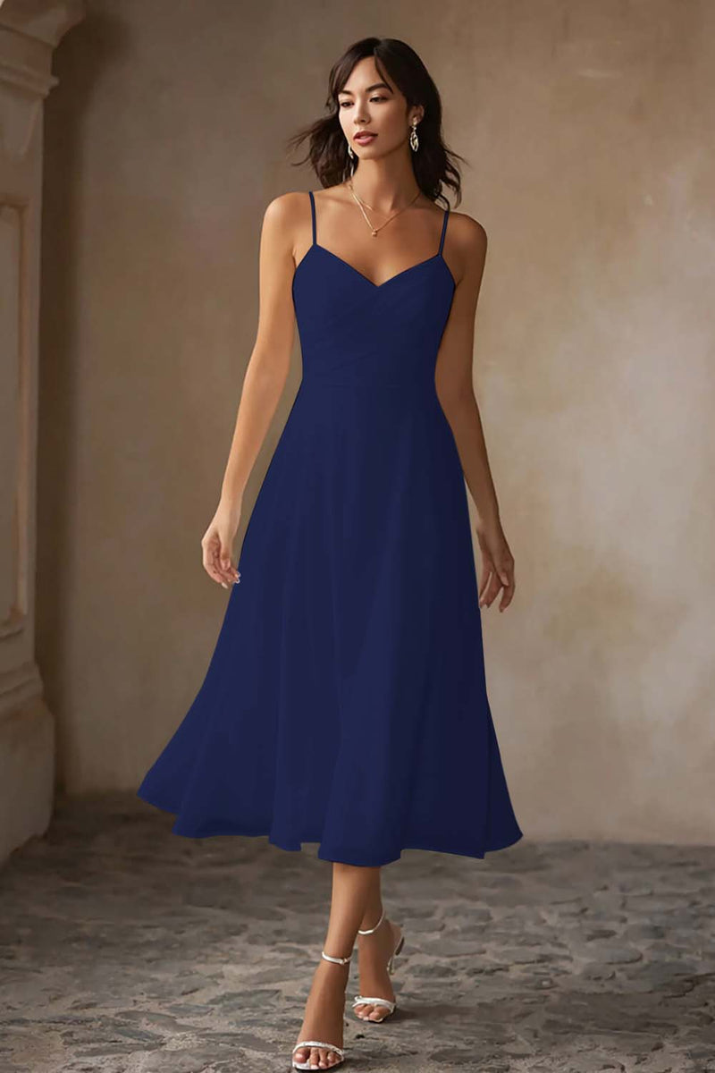 Laden Sie das Bild in den Galerie-Viewer, Weißes Midi Chiffon Standesamtkleid mit Spaghettiträgern in A-Linie