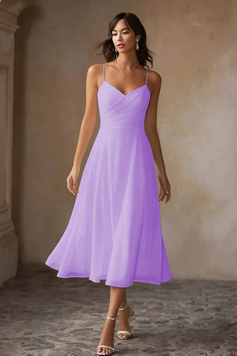 Laden Sie das Bild in den Galerie-Viewer, Weißes Midi Chiffon Standesamtkleid mit Spaghettiträgern in A-Linie