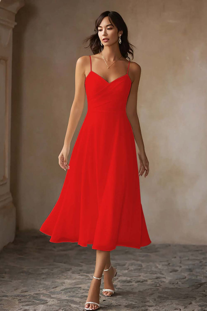 Laden Sie das Bild in den Galerie-Viewer, Weißes Midi Chiffon Standesamtkleid mit Spaghettiträgern in A-Linie