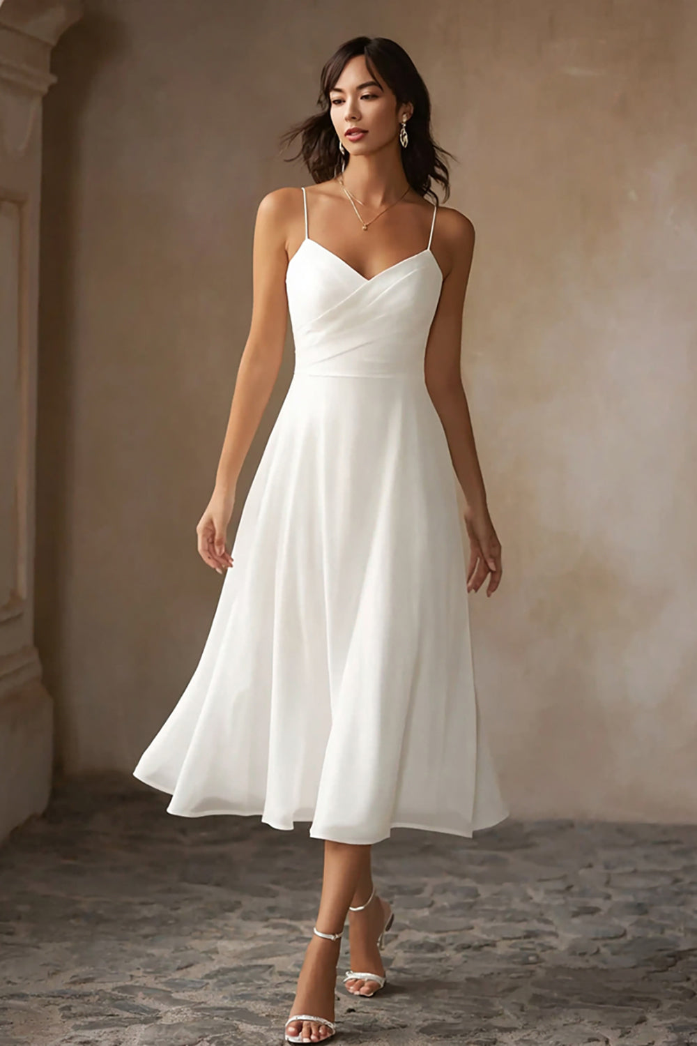 Weißes Midi Chiffon Standesamt Kleid mit Spaghettiträgern in A-Linie