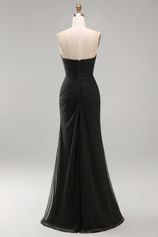 Schwarzes Chiffon Gerafftes Trägerloses Sheath Langes Festliches Kleid mit Schlitz