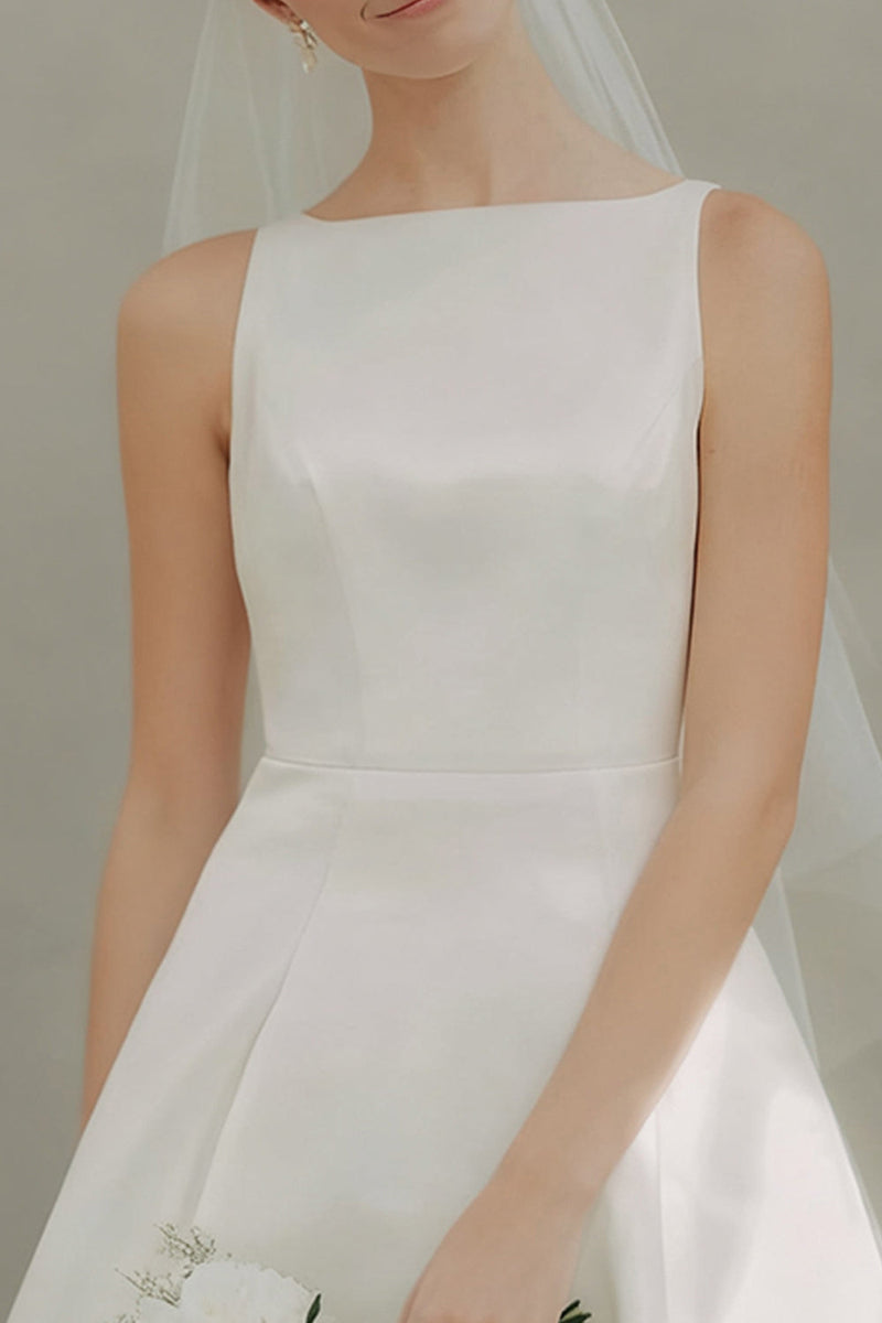 Laden Sie das Bild in den Galerie-Viewer, Weißes U-Boot-Ausschnitt A Linie Kurzes Standesamtkleid