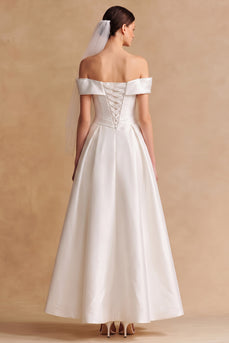 Schulterfreies Weißes A-Linie Standesamtkleid mit Schleife