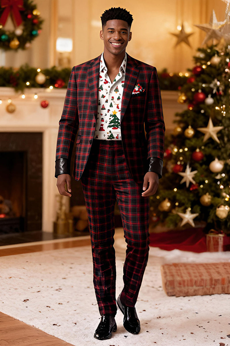 Laden Sie das Bild in den Galerie-Viewer, Rot Schwarz Gitter 2 Stück Herren Ballanzüge mit gekerbtem Revers