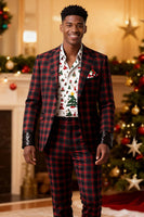 Laden Sie das Bild in den Galerie-Viewer, Rot Schwarz Gitter 2 Stück Herren Ballanzüge mit gekerbtem Revers