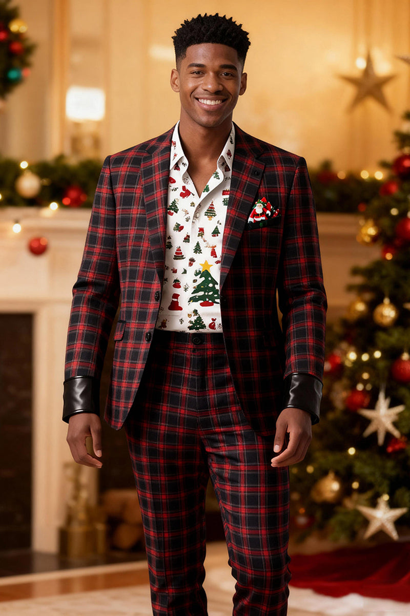 Laden Sie das Bild in den Galerie-Viewer, Rot Schwarz Gitter 2 Stück Herren Ballanzüge mit gekerbtem Revers