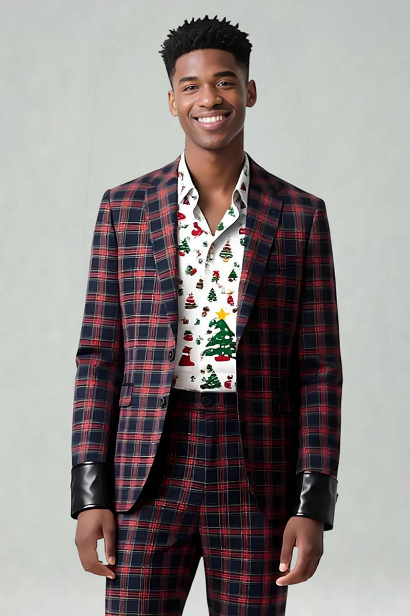 Laden Sie das Bild in den Galerie-Viewer, Rot Schwarz Gitter 2 Stück Herren Ballanzüge mit gekerbtem Revers