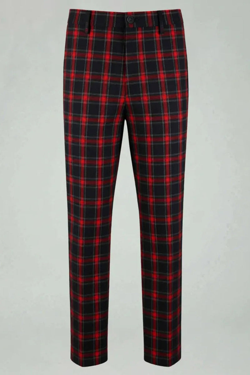 Laden Sie das Bild in den Galerie-Viewer, Rot Schwarz Gitter 2 Stück Herren Ballanzüge mit gekerbtem Revers