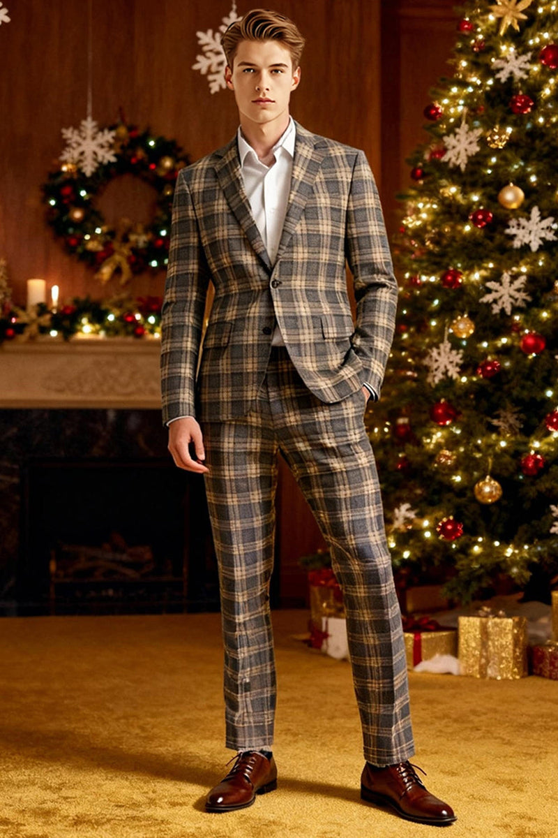 Laden Sie das Bild in den Galerie-Viewer, Braun Grau 2 Stück Herren Ballanzüge mit gekerbtem Revers Gitter mit Taschen