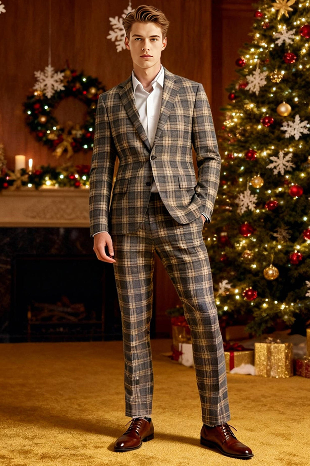 Braun Grau 2 Stück Herren Ballanzüge mit gekerbtem Revers Gitter mit Taschen