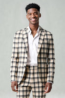 Laden Sie das Bild in den Galerie-Viewer, Schwarz Gelb Gitter mit gekerbtem Revers 2-teilige Herren-Ballanzüge