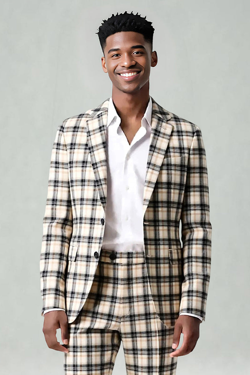 Laden Sie das Bild in den Galerie-Viewer, Schwarz Gelb Gitter mit gekerbtem Revers 2-teilige Herren-Ballanzüge