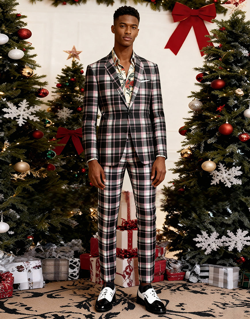 Laden Sie das Bild in den Galerie-Viewer, Schwarz Gelb Gitter mit gekerbtem Revers 2-teilige Herren-Ballanzüge