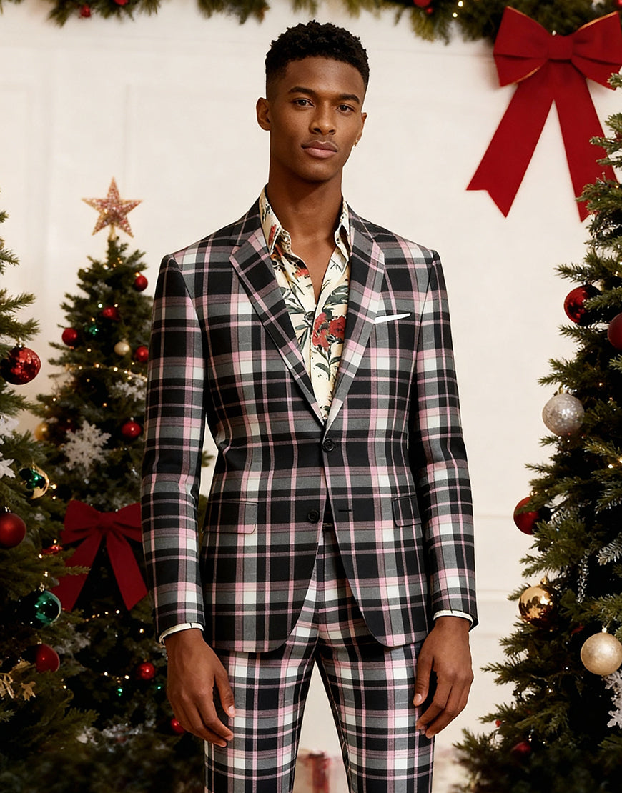 Laden Sie das Bild in den Galerie-Viewer, Schwarz Gelb Gitter mit gekerbtem Revers 2-teilige Herren-Ballanzüge