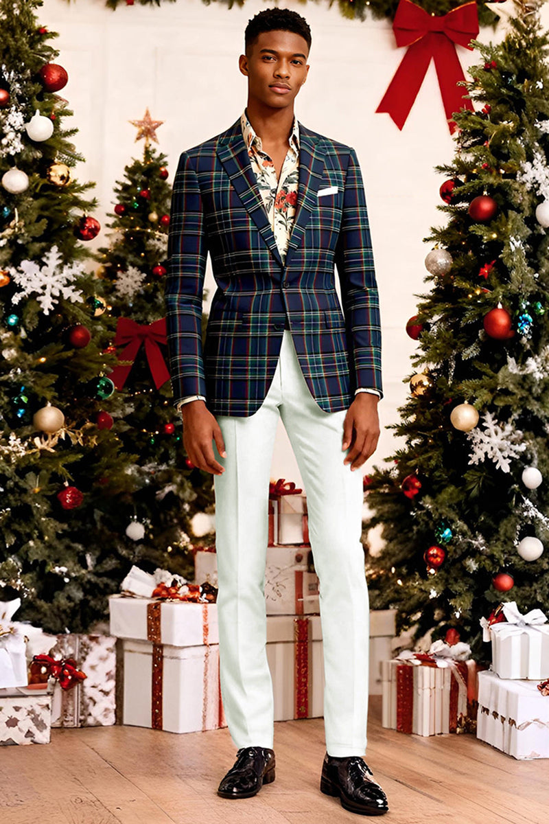 Laden Sie das Bild in den Galerie-Viewer, Blau-Grün Gitter mit gekerbtem Revers 2-teilige Herren-Ballanzüge