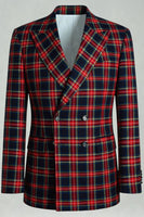 Laden Sie das Bild in den Galerie-Viewer, Schwarz Rot Grid Peak Revers Zweireihige 2-teilige Herren-Ballanzüge