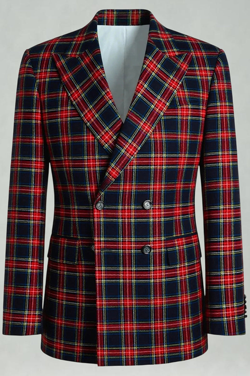 Laden Sie das Bild in den Galerie-Viewer, Schwarz Rot Grid Peak Revers Zweireihige 2-teilige Herren-Ballanzüge