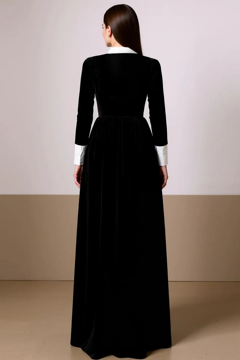 Laden Sie das Bild in den Galerie-Viewer, Schwarz Weißes Samt A-Linie Langes Ballkleid mit hohem Ausschnitt