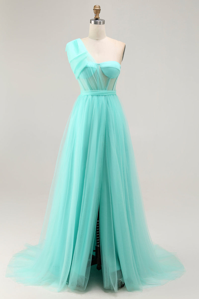 Laden Sie das Bild in den Galerie-Viewer, Mintgrünes A-Linie Korsett Langes Ballkleid mit Schlitz