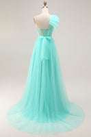 Laden Sie das Bild in den Galerie-Viewer, Mintgrünes A-Linie Korsett Langes Ballkleid mit Schlitz