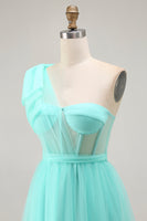 Laden Sie das Bild in den Galerie-Viewer, Mintgrünes A-Linie Korsett Langes Ballkleid mit Schlitz